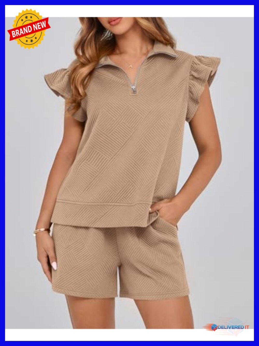 Zip Front Ruffle Cap Sleeve Lounge Set Drawstring Shorts 2 Piece - Picture 4 of 6